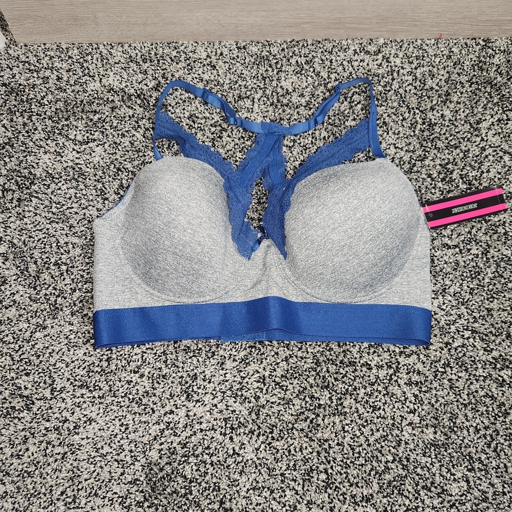Vtg Y2K 90's Joe Boxer Lace Front Strappy Bra Womens 40C Racerback Gray Blue